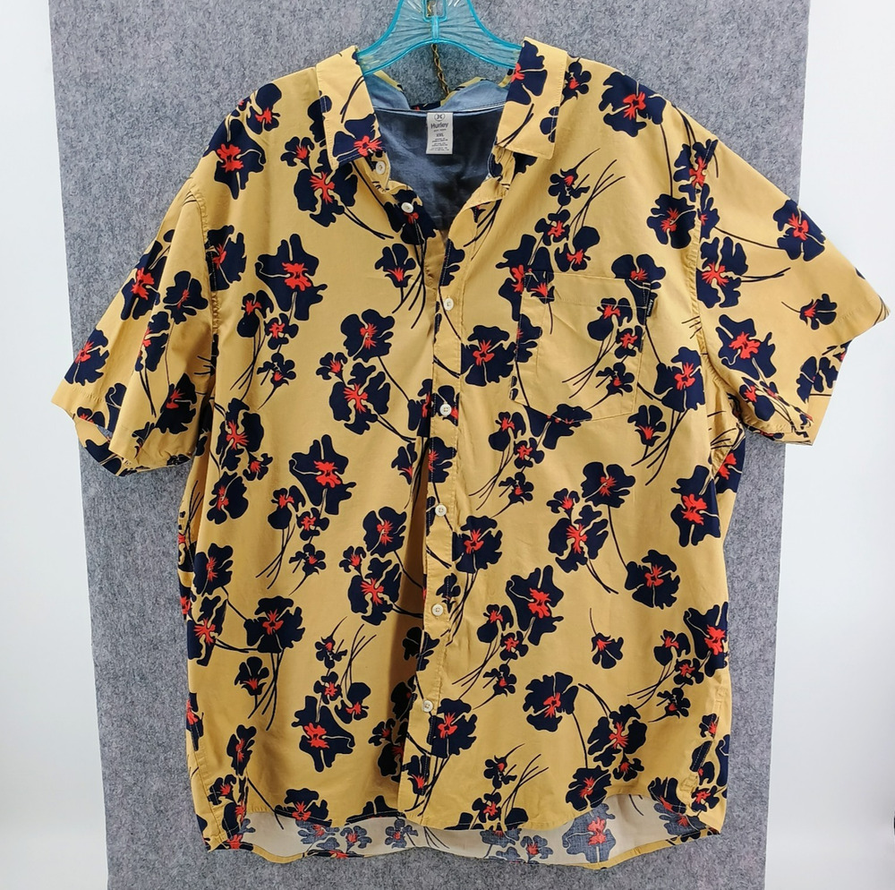 Hurley Mens Hawaiian Floral Woven Shirt XXL Yellow Short Sleeve Button Up Casual